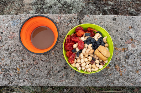 Multi-colored silicone dishes. Snack and coffee with milk.