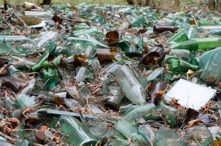 A lot of glass bottles. Lots of broken bottles.の写真素材