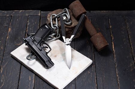 Set of street gangster. Knife and gun.の写真素材