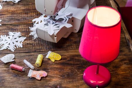 Making Christmas decorations. Christmas tree decorations. View from above.の写真素材