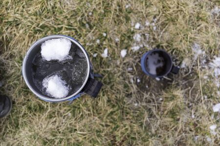 Water extraction for making coffee. Melting snow. Top.の写真素材