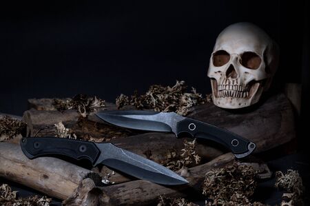 Two large knives. Sculpture of a human skull. Dangerous knives. Deadly weapon.の写真素材