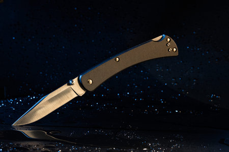 Knife with a black plastic handle on a black background. The knife is in a suspended position.