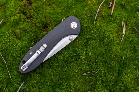 Pocket knife in the folded position. Knife on the moss. Knife with a clip.