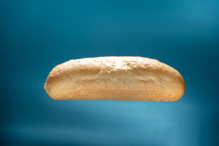 Hot dog bun on a turquoise background. Bun in levitation.の写真素材