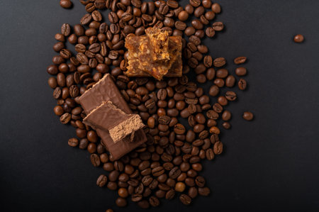 Chocolate bar with coffee beans. Energy bar with coffee beans. Top.の写真素材