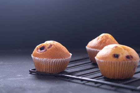 Cooking creamy muffins Cream muffins on a wire rack. Muffins with berries.の写真素材