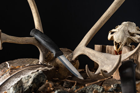Hunting knife on deer antlers. Deer antlers and beaver skull. Hunting composition. Low key.