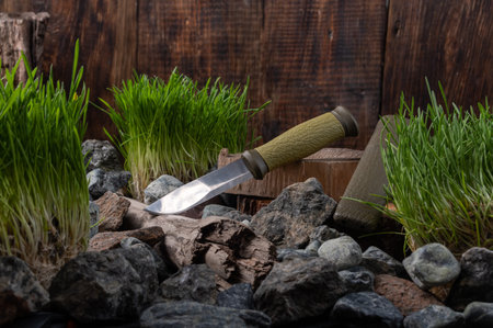 A knife with a large shiny blade on the stump. Knife on stumps and stones. stage, stand, podium,...