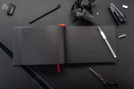 Opened black notebook. Opened journal with no entries. Place to write text.