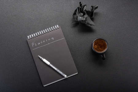 Budget planning. Planning and scheduling. Tasks and plans for the future. Strong black coffee and planning.の写真素材