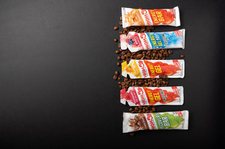 Kyiv, Ukraine - Nov 3, 2020: high5 sport food. Energy sports bars. A variety of protein bars. Sports...