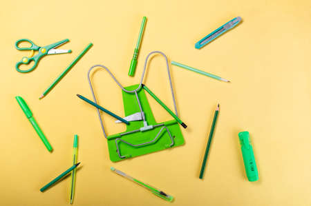 A variety of green stationery. School stationery in one color. Same color school items.の写真素材