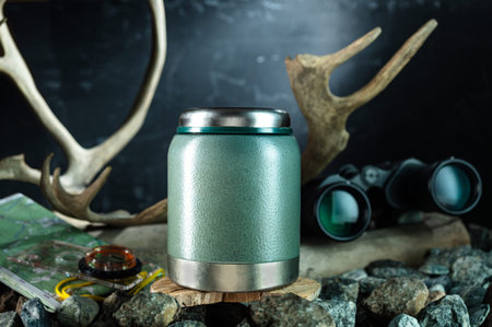 Iron thermos for food storage. Thermos for hunters and tourists. Thermos, compass and map.