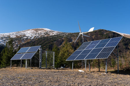 Solar panels in the mountains. Green electricity in the mountains. Solar power plant.