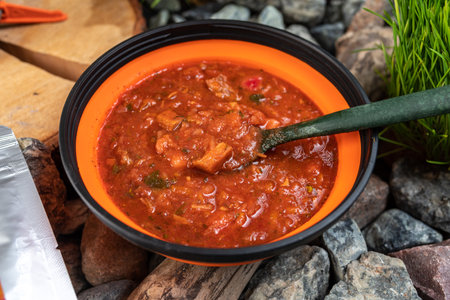 Ukrainian borscht in tourism. Ukrainian borscht in a silicone plate. Tourist food on the rocks. Side view.の写真素材