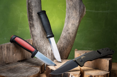 A set of various knives. Hunting and pocket knife. Several knives on the stump. Arrangement of...