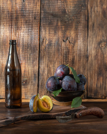 Summer composition with fruits. Fruits and soda on the table. Household reputations and a garden knife.の写真素材