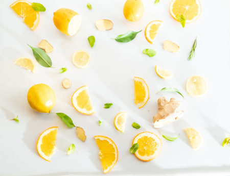 White background with lemon and lemon slices. Volume and big shadows. Lemon slice pattern. View from above.の写真素材