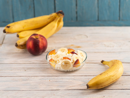 Healthy breakfast. Diet food. Fruits. Healthy breakfast with fruits.の写真素材