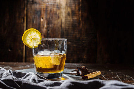 Alcohol in a glass. Drink with ice and lemon. Whiskey with ice. Glass on a wooden background....