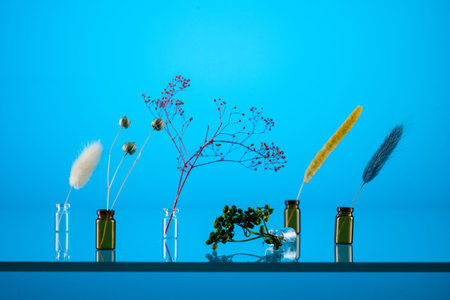Photo of minimalist plants in transparent medical ampoules on a blue background. Minimalism from plants. Abstraction.の写真素材