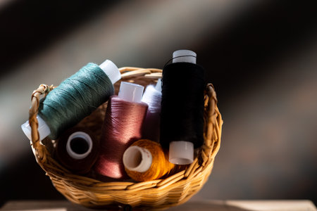 Various sewing threads in a straw basket.の写真素材