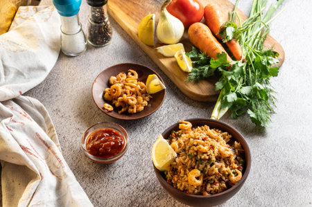 Cooking a dish with shrimp. Italian dish with shrimp. A dish with seafood and vegetables.