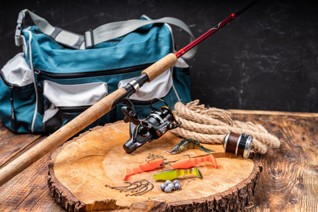 A detailed and inviting fishing composition that evokes the anticipation and preparation for a day of angling.の写真素材