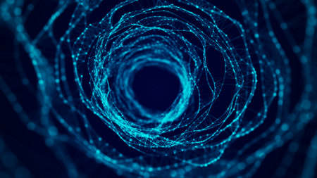 Abstract dynamic wireframe tunnel on blue background. Deep wavy wormhole. Futuristic particle flow.の写真素材