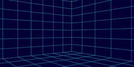 3D wireframe room mesh on blue background. Abstract perspective grid.