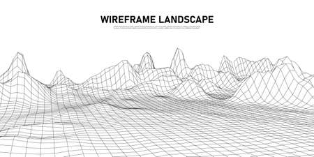 digital wireframe landscape. Wireframe terrain polygon landscape design.