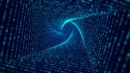 Abstract particle flow in cyberspace. Futuristic 3D portal. Digital technology web flow.の写真素材