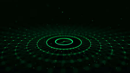 Abstract green background of circular flow of particles. digital cyberspace.の写真素材