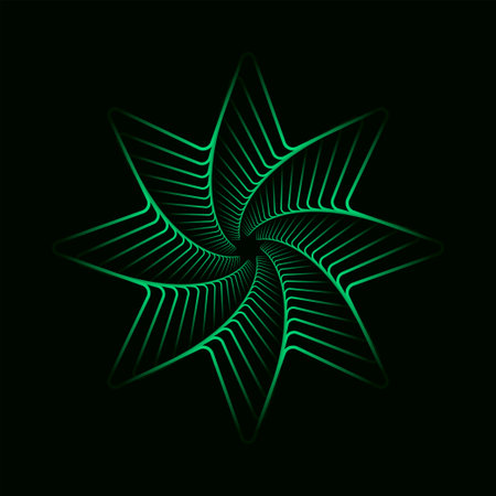 Green twisted futuristic spirals. Wavy fractal with radial gradient. Abstract wire frame linear tunnel.のイラスト素材