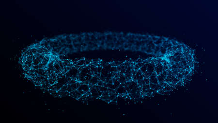 Abstract dynamic wireframe torus on a blue background. The flow of scientific data. Futuristic digital technology.の写真素材
