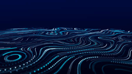 A flow of smooth swirling vortices. Glowing coils of turbulence on a blue background. Abstract digital wave. Big data visual sounding.の写真素材