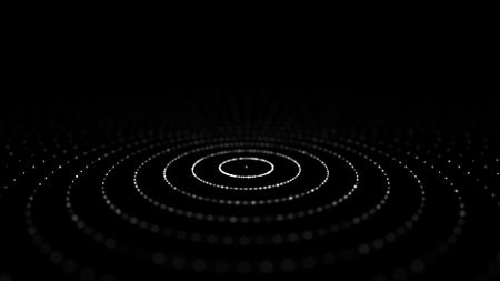 Abstract black background of circular flow of particles. digital cyberspace. network connections structure.の写真素材