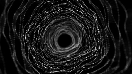 Abstract dynamic wireframe tunnel on black background. Deep wavy wormhole. Futuristic particle flow.の写真素材
