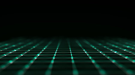 Futuristic perspective grid with glitch effect. Digital flow in cyberspace. Signal transmission damage. network connection structure.の写真素材