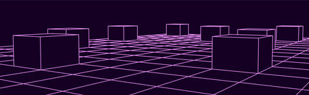 vector perspective grid. digital cyberspace. network connection structure. Purple background concept.のイラスト素材