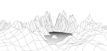 digital wireframe landscape. Wireframe terrain polygon landscape design. Digital cyberspace in mountains with valleys.のイラスト素材