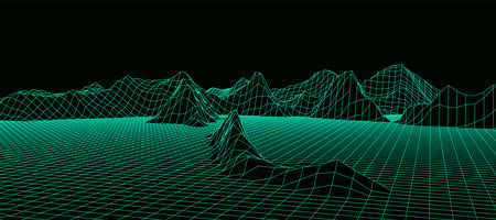 digital wireframe landscape. Wireframe terrain polygon landscape design. Digital cyberspace in mountains with valleys.のイラスト素材