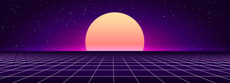 Digital retro landscape in 1980s style. Futuristic perspective grid. 80s Retro Sci-Fi background.