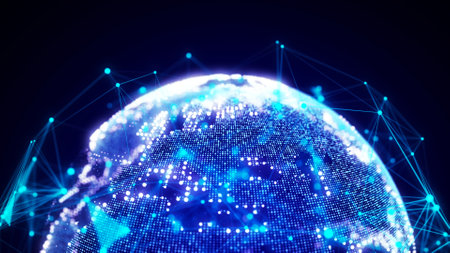 Abstract planet Earth with particles and a connected shell with lines. global network connection. science and technology.の写真素材