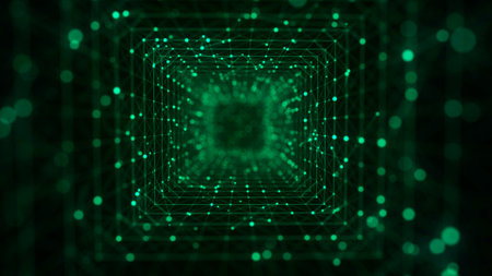 Futuristic cubic tunnel consisting of a flow of particles in cyberspace. Futuristic 3d portal....