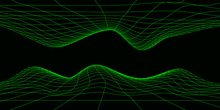 Digital double wavy wireframe landscape in acid green. Futuristic linear undulating terrain. Retro...