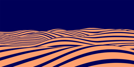 Abstract optical wave. A flow of orange stripes forming a wavy distortion effect on a blue background. vector illustration.のイラスト素材