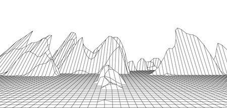 digital wireframe landscape. Wireframe terrain polygon landscape design. Digital cyberspace in...