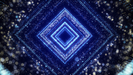 Futuristic dynamic wireframe tunnel on blue background. Magic particle flow inside the portal. Infinite travel technology concept in the metaverse. 3d rendering.の写真素材